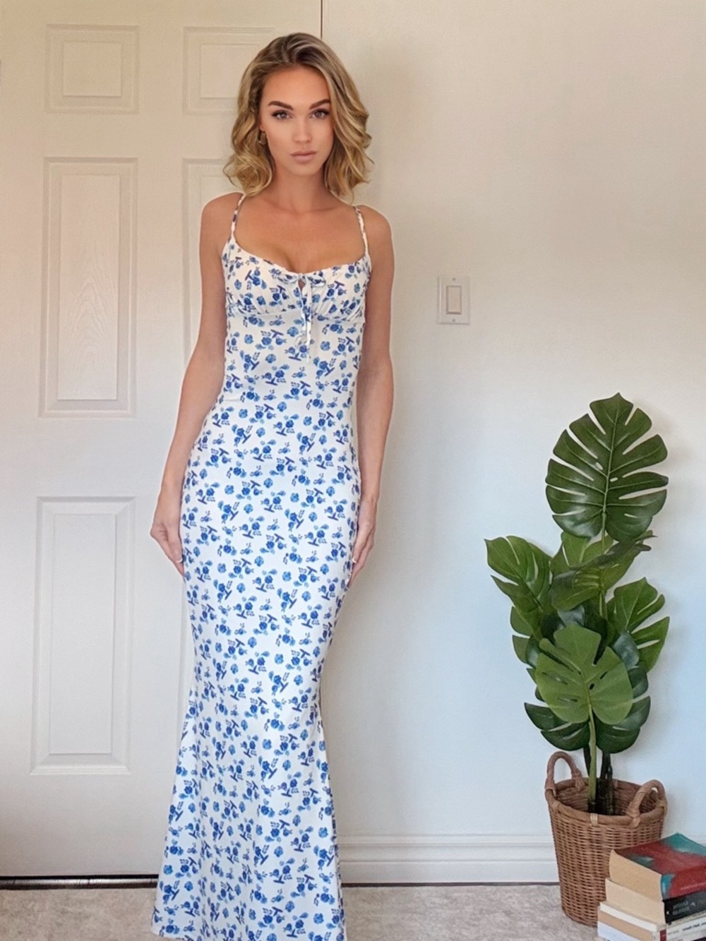 White & Blue Floral Slip Maxi Dress - Elegant Sundress